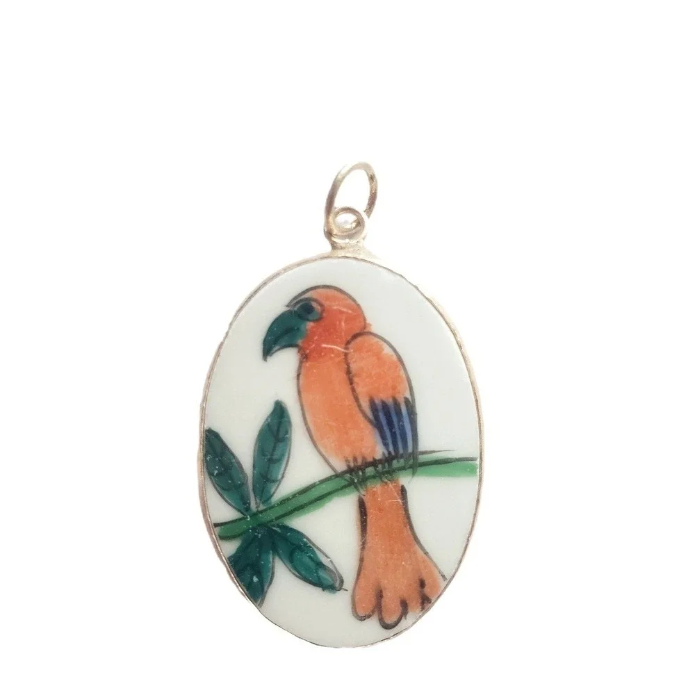 Vintage Hand Painted Ceramic Bird Pendant Oval Tropical Parrot Charm Silver Tone